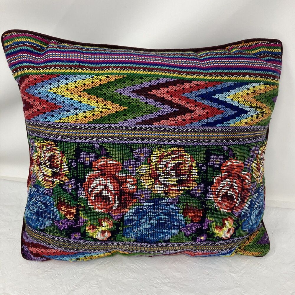 Floral Needlepoint Throw Pillow Rose Zig Zag Stripe cottagecore grannycore VTG